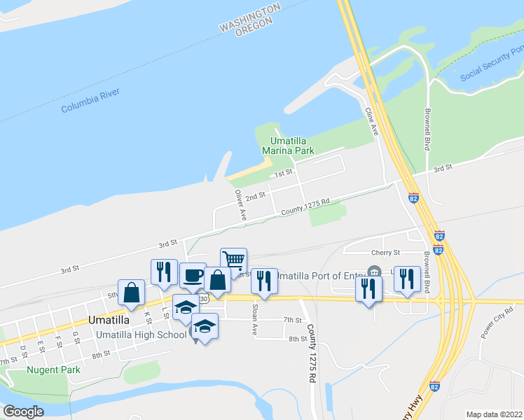 map of restaurants, bars, coffee shops, grocery stores, and more near 1561 3rd Street in Umatilla