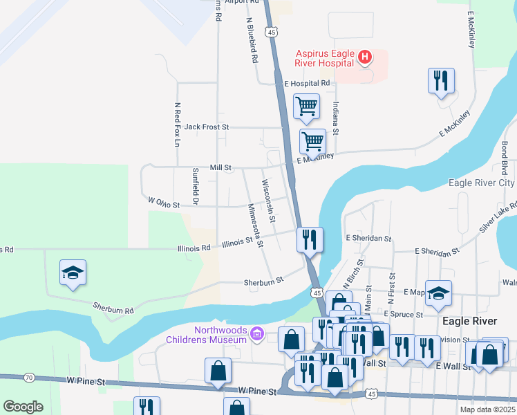 map of restaurants, bars, coffee shops, grocery stores, and more near 213 West Ohio Street in Eagle River