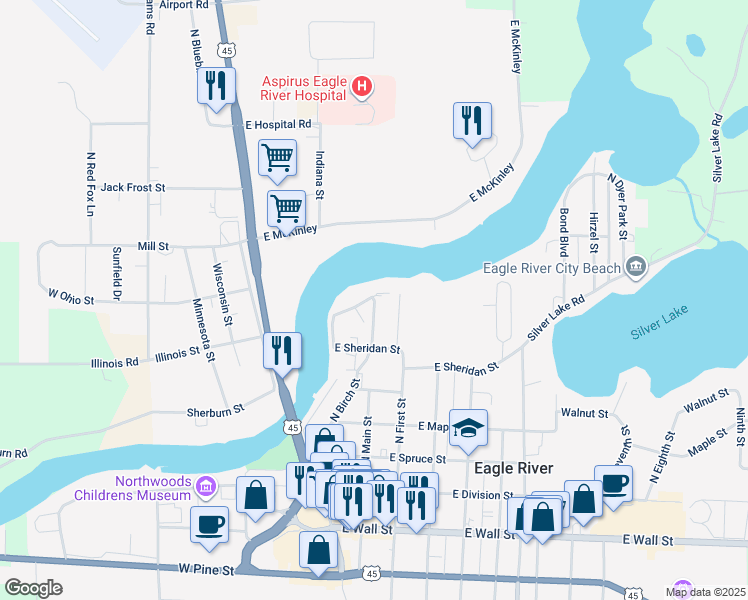 map of restaurants, bars, coffee shops, grocery stores, and more near 203 River Street in Eagle River