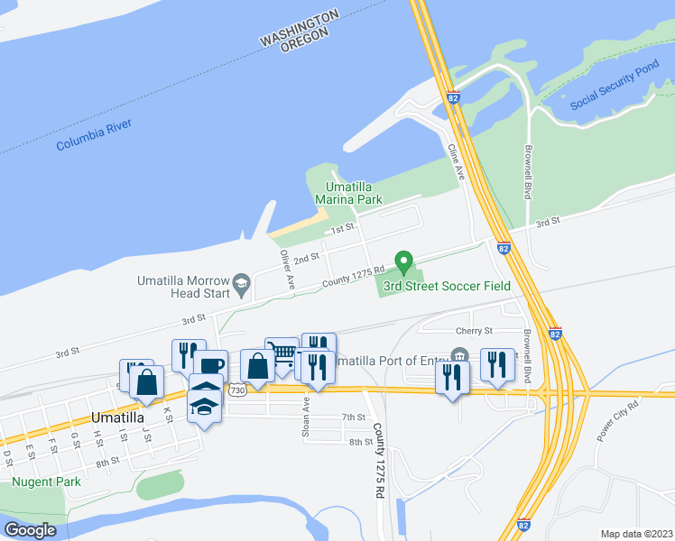 map of restaurants, bars, coffee shops, grocery stores, and more near 1601 3rd Street in Umatilla