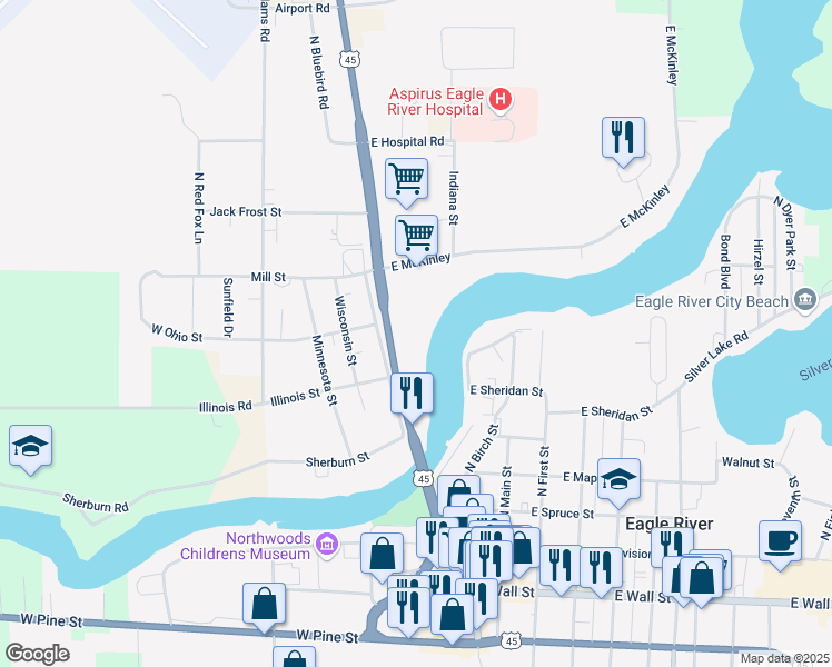 map of restaurants, bars, coffee shops, grocery stores, and more near 531 North Railroad Street in Eagle River