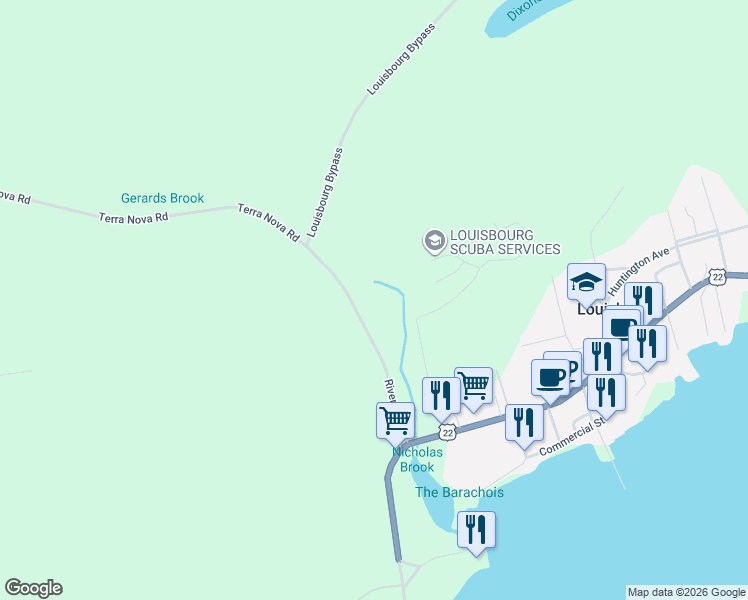 map of restaurants, bars, coffee shops, grocery stores, and more near 54 Riverdale Street in Louisbourg