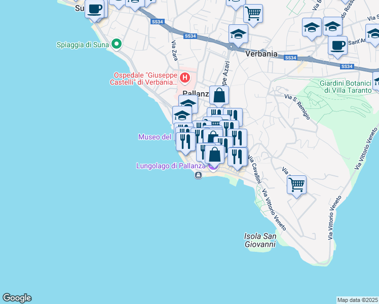 map of restaurants, bars, coffee shops, grocery stores, and more near 33-47 Vicolo del Fico in Pallanza