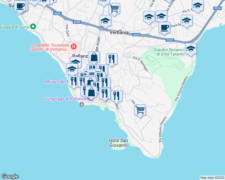 map of restaurants, bars, coffee shops, grocery stores, and more near 4a Via alla Castagnola in Pallanza