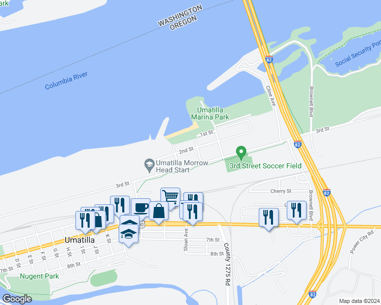 map of restaurants, bars, coffee shops, grocery stores, and more near 1601 3rd Street in Umatilla