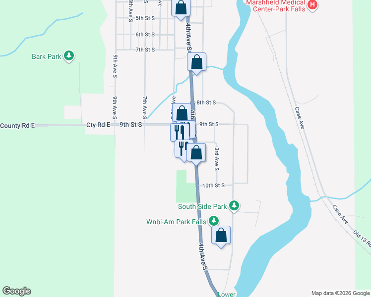 map of restaurants, bars, coffee shops, grocery stores, and more near 1114 South 4th Avenue in Park Falls