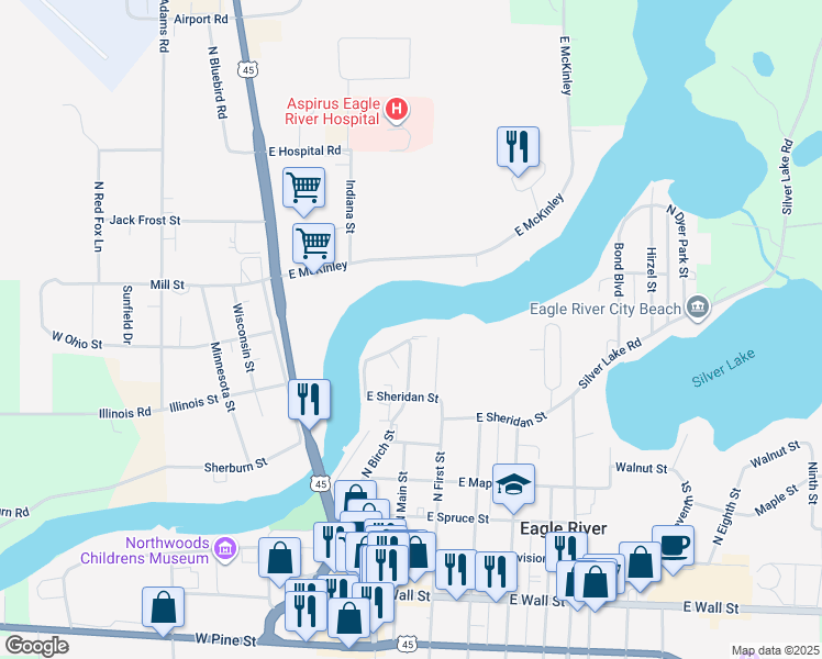 map of restaurants, bars, coffee shops, grocery stores, and more near 203 River Street in Eagle River