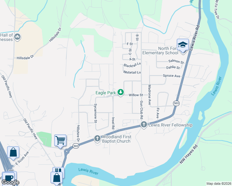 map of restaurants, bars, coffee shops, grocery stores, and more near 302 Insel Road in Woodland