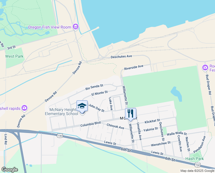 map of restaurants, bars, coffee shops, grocery stores, and more near 189 Rio Senda Street in Umatilla