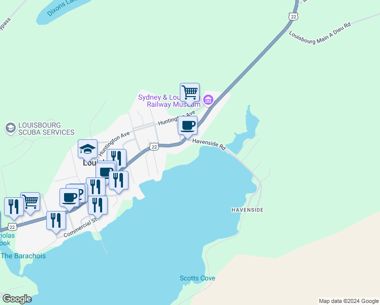 map of restaurants, bars, coffee shops, grocery stores, and more near Main Street in Louisbourg