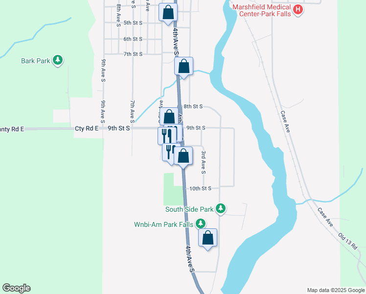 map of restaurants, bars, coffee shops, grocery stores, and more near South 4th Avenue in Park Falls