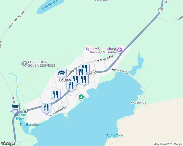 map of restaurants, bars, coffee shops, grocery stores, and more near Main Street in Louisbourg