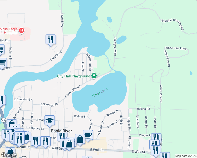 map of restaurants, bars, coffee shops, grocery stores, and more near 932 Silver Lake Road in Eagle River