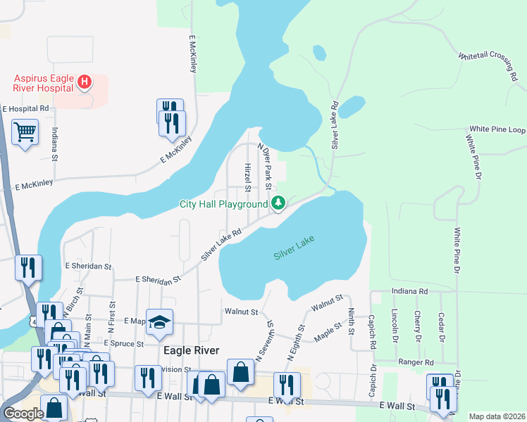 map of restaurants, bars, coffee shops, grocery stores, and more near 932 Silver Lake Road in Eagle River