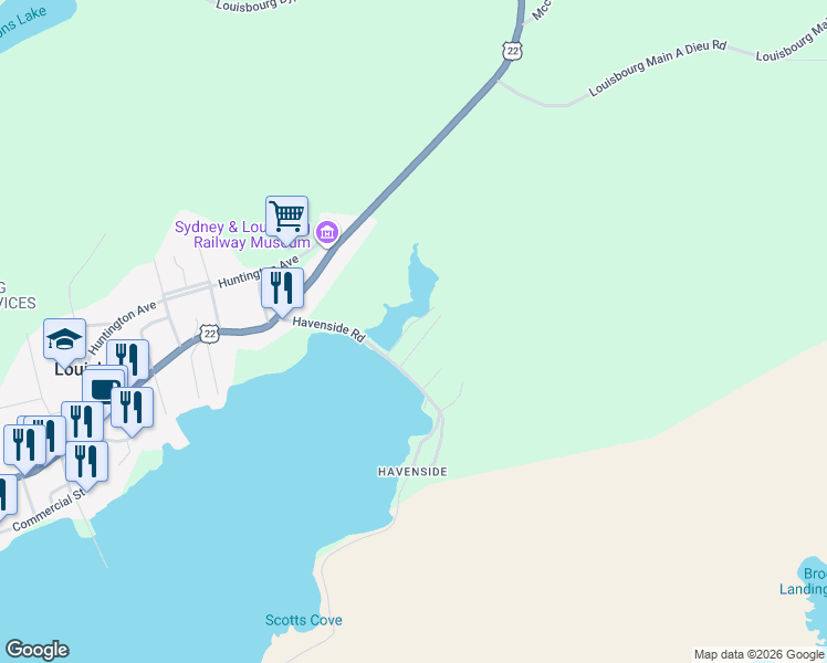 map of restaurants, bars, coffee shops, grocery stores, and more near Harbourview Drive in Louisbourg