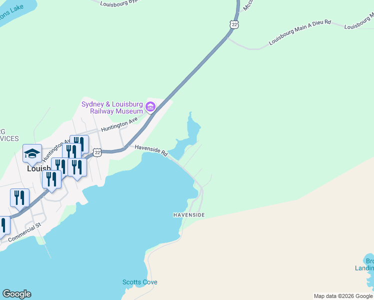 map of restaurants, bars, coffee shops, grocery stores, and more near Harbourview Drive in Louisbourg