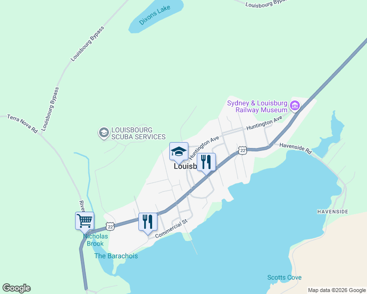 map of restaurants, bars, coffee shops, grocery stores, and more near Kent Street in Louisbourg