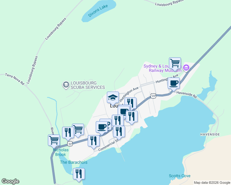 map of restaurants, bars, coffee shops, grocery stores, and more near 37 Kent Street in Louisbourg