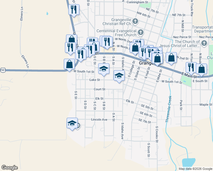 map of restaurants, bars, coffee shops, grocery stores, and more near 400 South Idaho Street in Grangeville