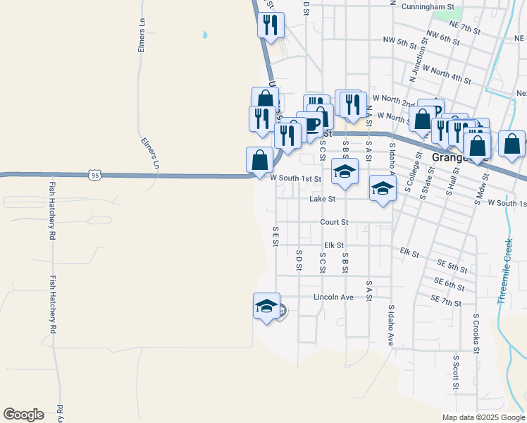 map of restaurants, bars, coffee shops, grocery stores, and more near 390 South E Street in Grangeville