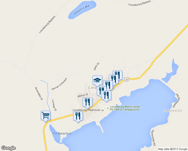 map of restaurants, bars, coffee shops, grocery stores, and more near 39 Kent Street in Louisbourg