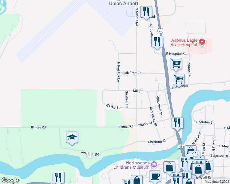 map of restaurants, bars, coffee shops, grocery stores, and more near 720 Mill Street in Eagle River