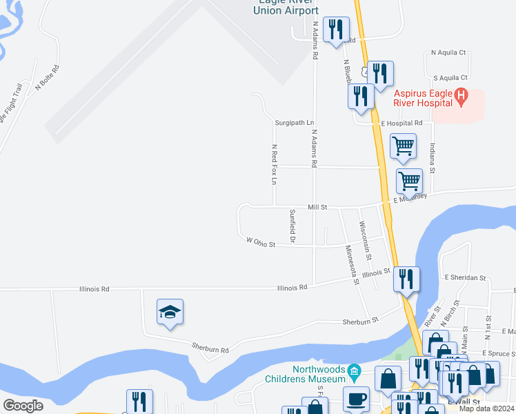 map of restaurants, bars, coffee shops, grocery stores, and more near 720 Mill Street in Eagle River