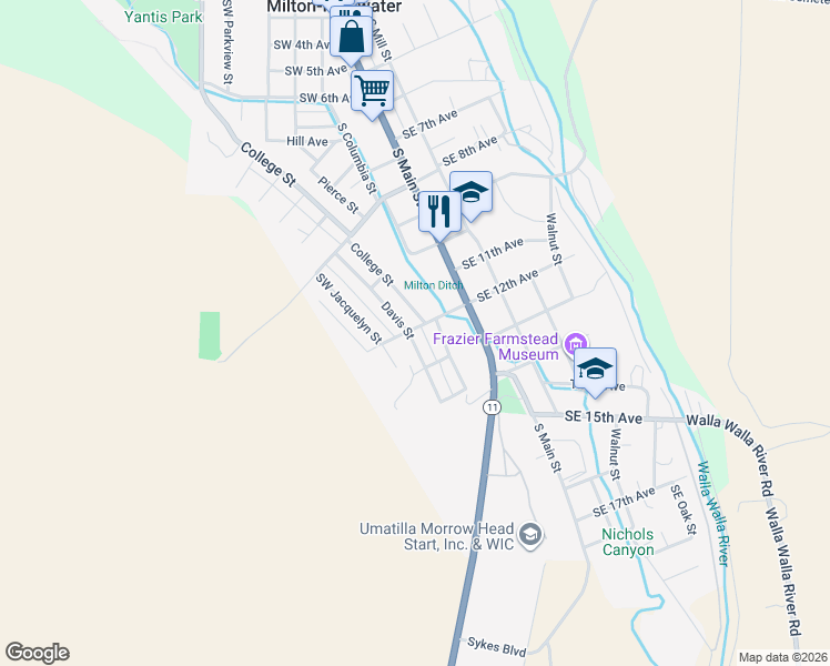 map of restaurants, bars, coffee shops, grocery stores, and more near 1207 Davis Street in Milton-Freewater