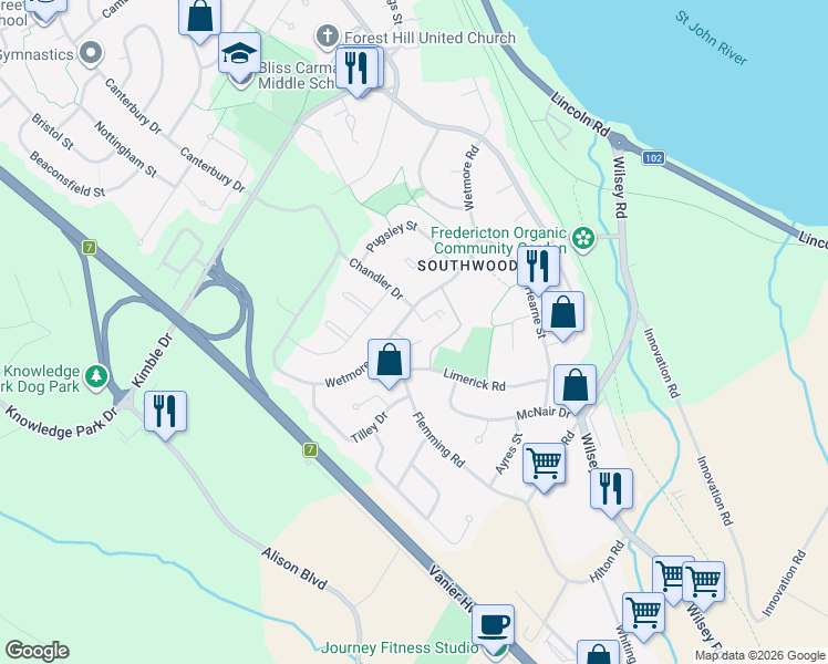 map of restaurants, bars, coffee shops, grocery stores, and more near 260 Wetmore Road in Fredericton