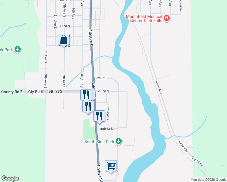 map of restaurants, bars, coffee shops, grocery stores, and more near 240 9th Street South in Park Falls