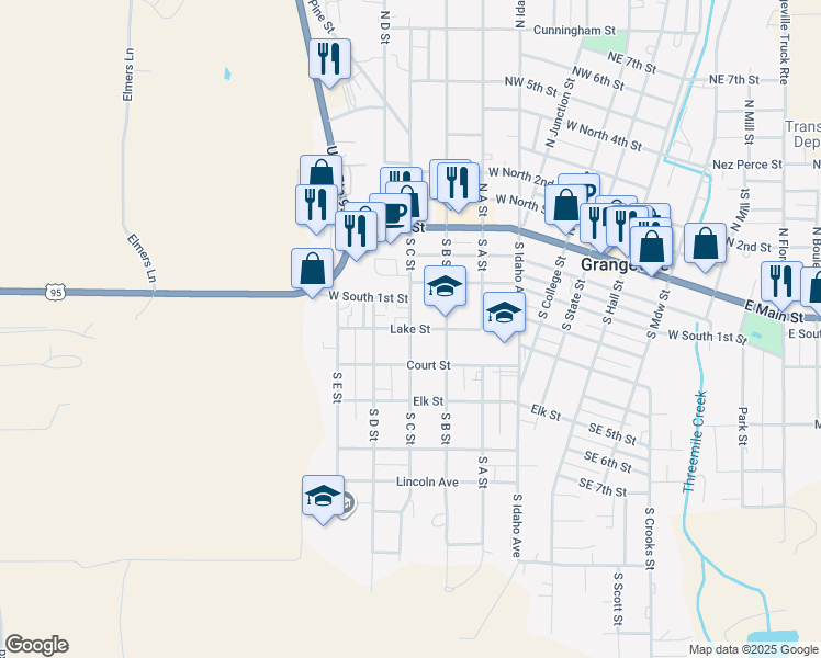 map of restaurants, bars, coffee shops, grocery stores, and more near 718 Lake Street in Grangeville