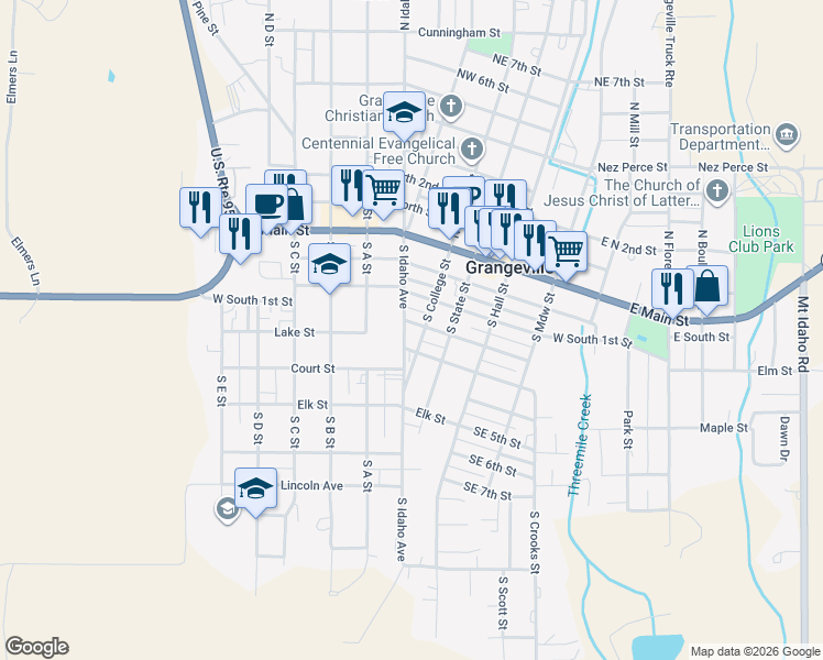 map of restaurants, bars, coffee shops, grocery stores, and more near 400 South Idaho Street in Grangeville