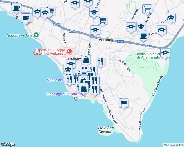 map of restaurants, bars, coffee shops, grocery stores, and more near 8 Via delle Monache in Pallanza