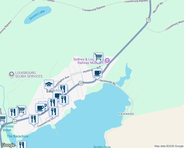 map of restaurants, bars, coffee shops, grocery stores, and more near 56 Huntington Avenue in Louisbourg