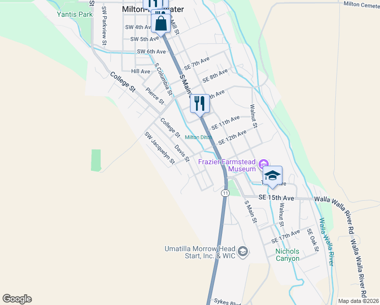 map of restaurants, bars, coffee shops, grocery stores, and more near 1207 Davis Street in Milton-Freewater