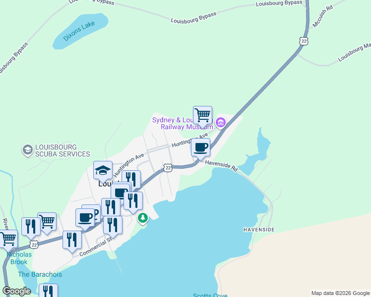 map of restaurants, bars, coffee shops, grocery stores, and more near 56 Huntington Avenue in Louisbourg