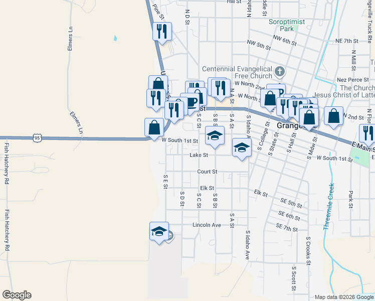map of restaurants, bars, coffee shops, grocery stores, and more near 314 Lake Road in Grangeville