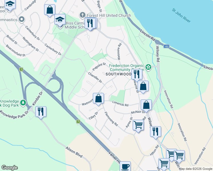 map of restaurants, bars, coffee shops, grocery stores, and more near 240 Wetmore Road in Fredericton