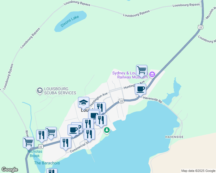 map of restaurants, bars, coffee shops, grocery stores, and more near 21 Marconi Street in Louisbourg