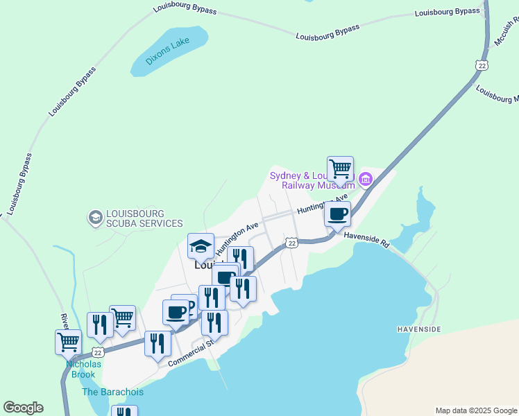 map of restaurants, bars, coffee shops, grocery stores, and more near 21 Marconi Street in Louisbourg