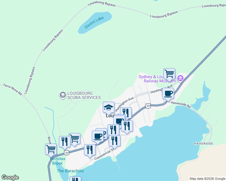 map of restaurants, bars, coffee shops, grocery stores, and more near Kent Street in Louisbourg