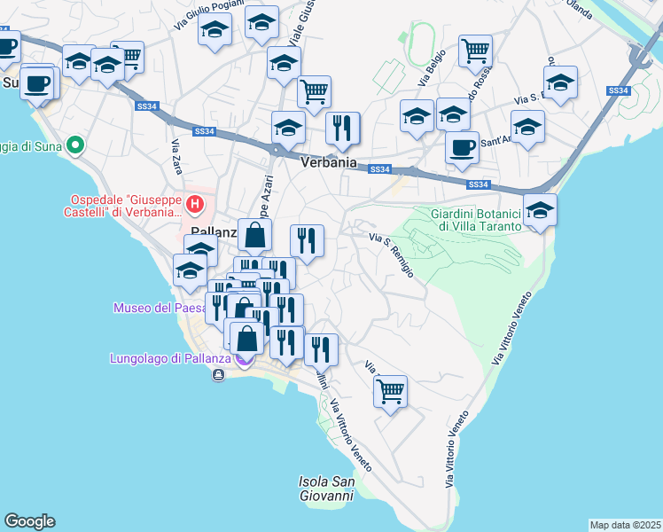 map of restaurants, bars, coffee shops, grocery stores, and more near 31A Via ai Villini in Pallanza