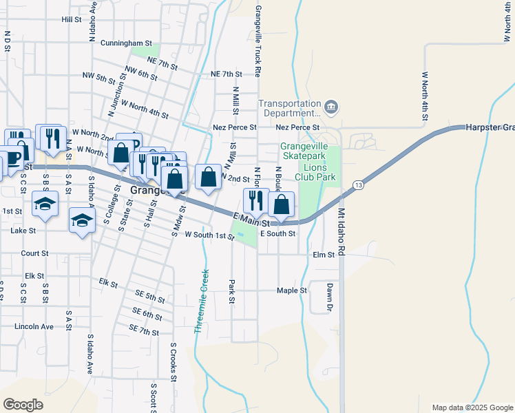 map of restaurants, bars, coffee shops, grocery stores, and more near 201 North Florence Street in Grangeville