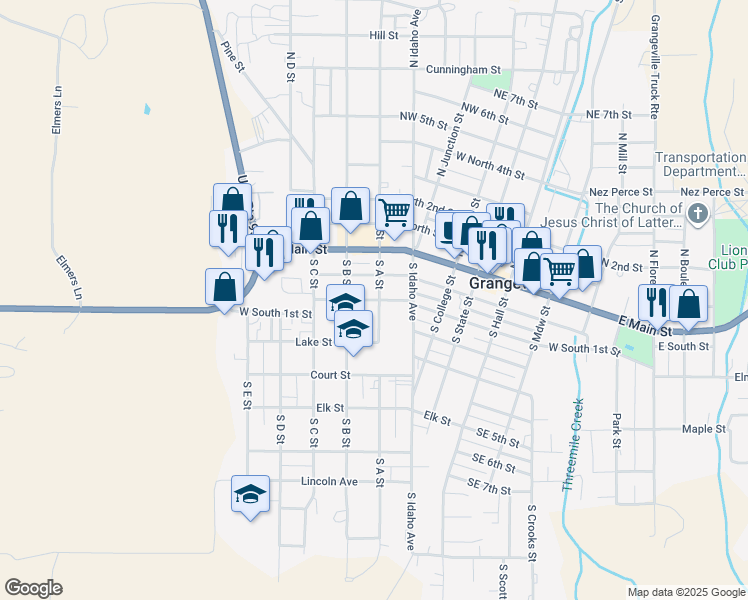 map of restaurants, bars, coffee shops, grocery stores, and more near 212 South A Street in Grangeville