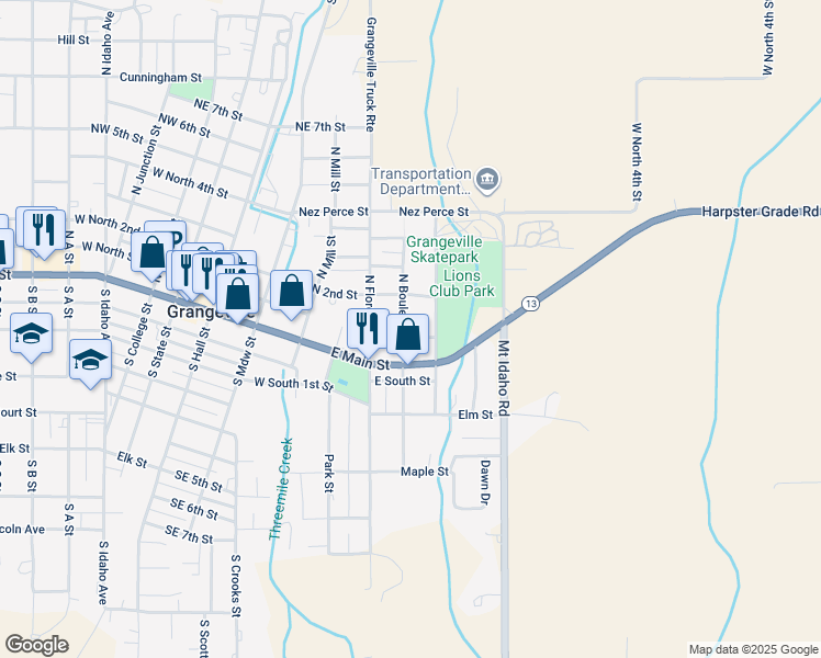 map of restaurants, bars, coffee shops, grocery stores, and more near 321 North Boulevard Street in Grangeville