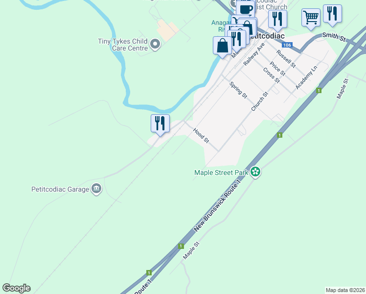 map of restaurants, bars, coffee shops, grocery stores, and more near 58 Connor Street in Petitcodiac
