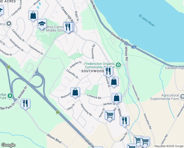 map of restaurants, bars, coffee shops, grocery stores, and more near in Fredericton