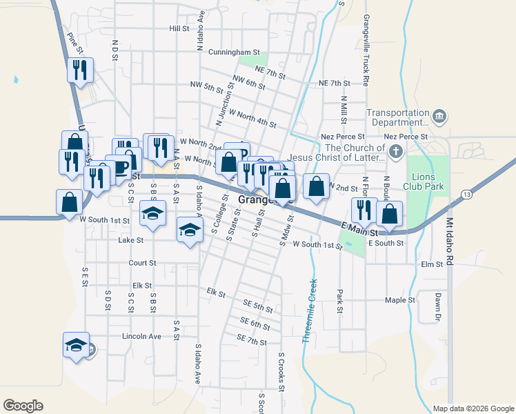 map of restaurants, bars, coffee shops, grocery stores, and more near 132 Highway 13 in Grangeville