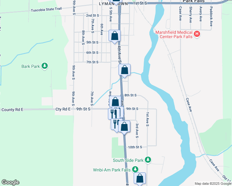 map of restaurants, bars, coffee shops, grocery stores, and more near in Park Falls