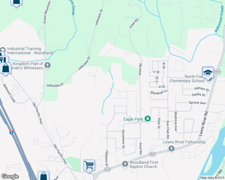 map of restaurants, bars, coffee shops, grocery stores, and more near 1720 Blacktail Lane in Woodland